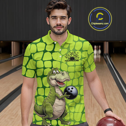Custom Funny Green Dinosaur Bowling Team Men Polo Shirt, Bowling Tournament Team Shirt IPHW9930