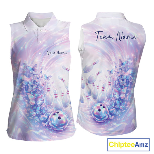 Pastel purple and pink holographic butterflies with bowling-themed graphics on a vibrant bowling shirt