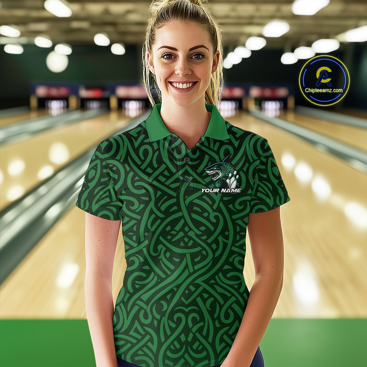 Custom Green Tribal Shark Bowling Team Women Polo Shirt, Shark Bowling Tournament Shirt IPHW10176