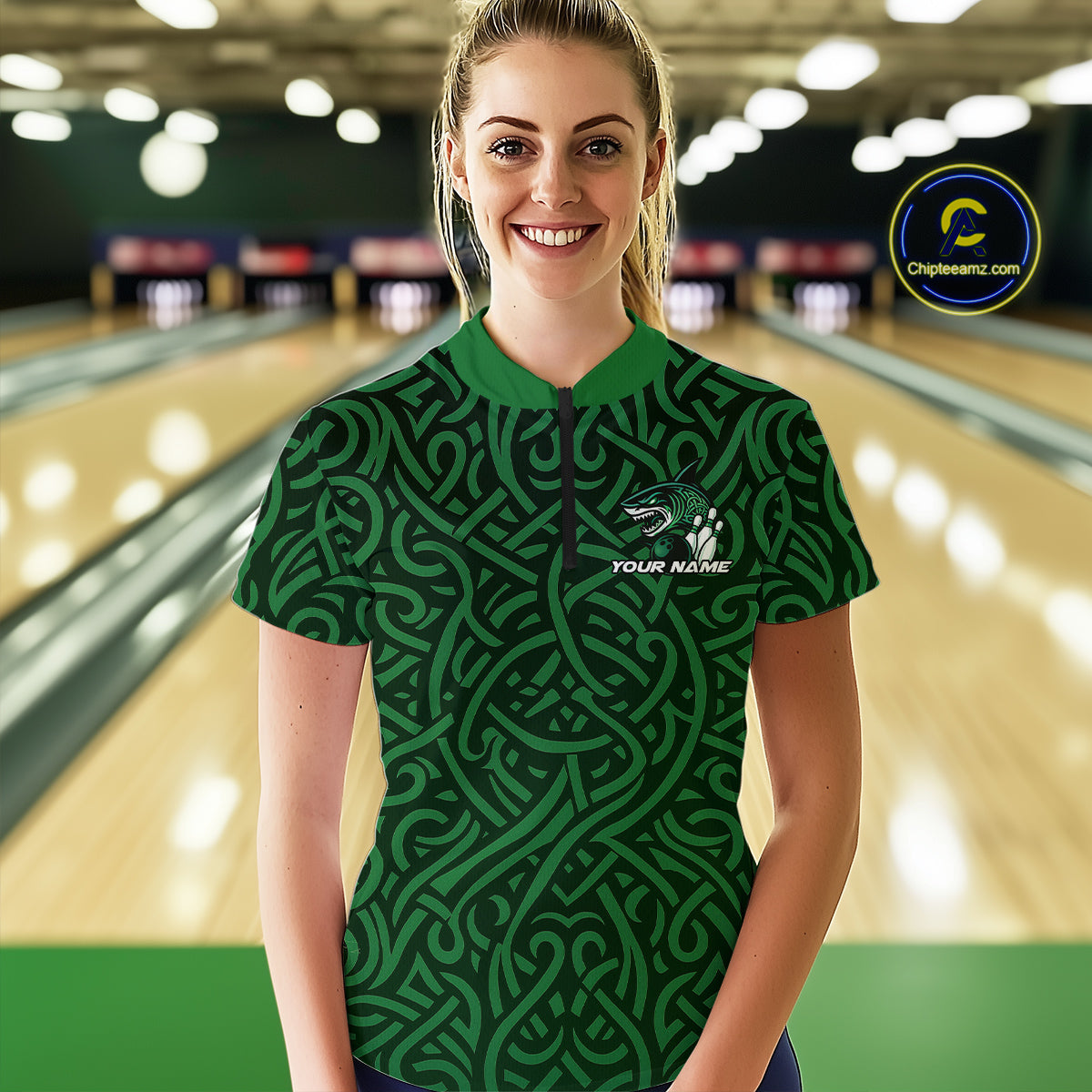 Custom Green Tribal Shark Women Bowling Team Shirts, Shark Bowling Tournament Shirt IPHW10176