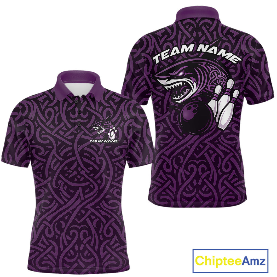 Custom Purple Tribal Shark Bowling Team Men Polo Shirt, Shark Bowling Tournament Shirt IPHW10178