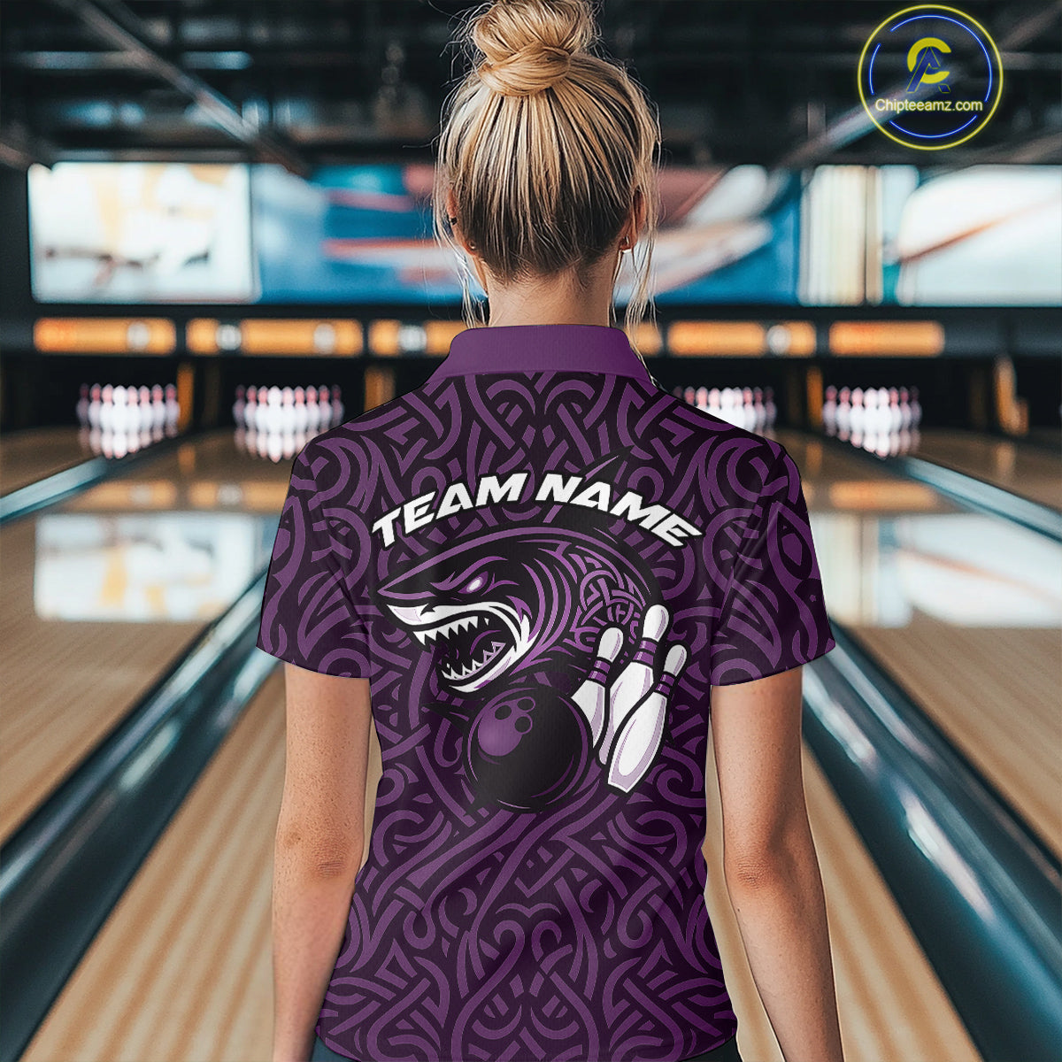 Custom Purple Tribal Shark Women Bowling Team Shirts, Shark Bowling Tournament Shirt IPHW10178