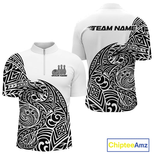 Custom Black And White Tribal Dragon Men Bowling Quarter-Zip Shirt, Polynesian Bowling Shirt IPHW10340