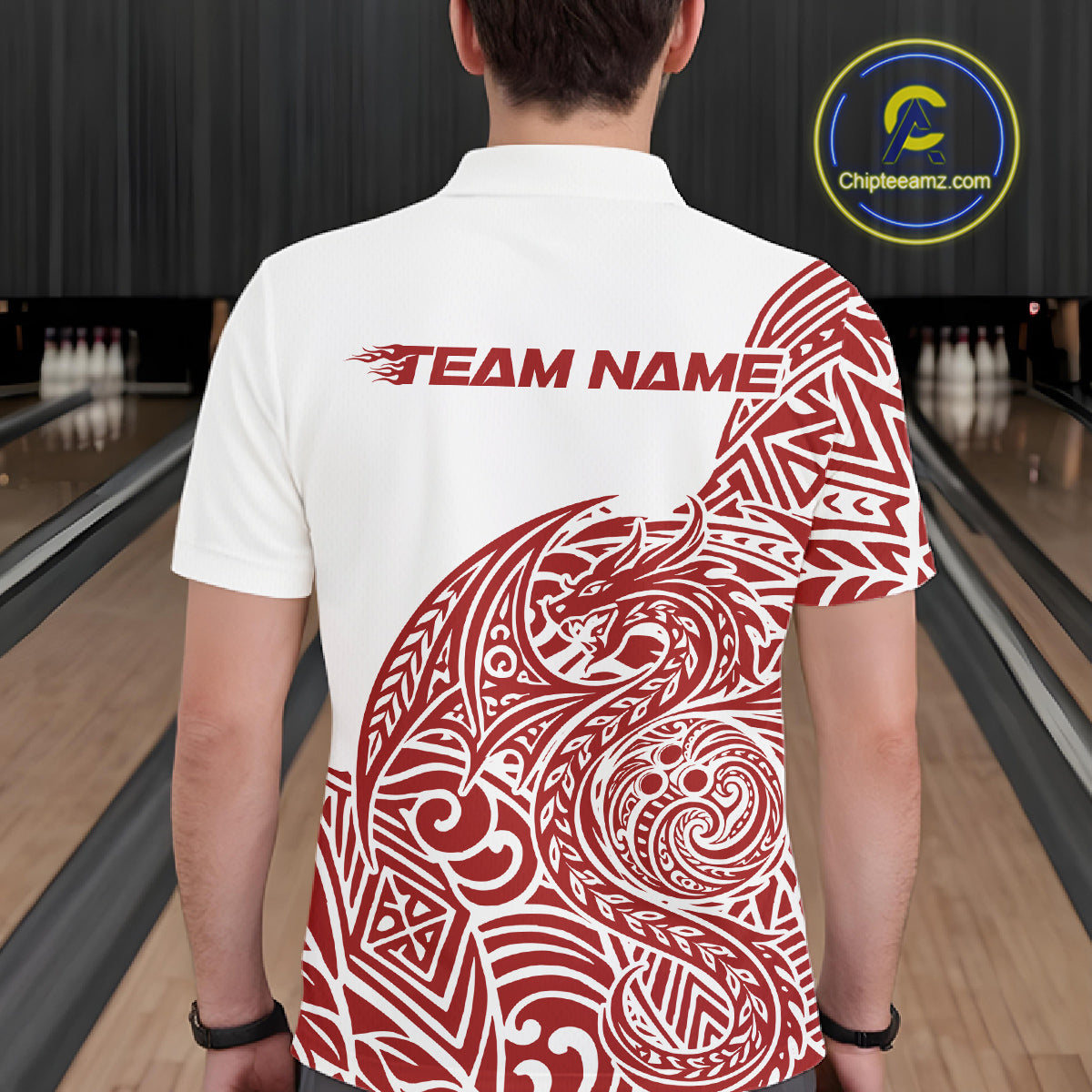 Custom Red And White Tribal Dragon Men Bowling Polo Shirt, Polynesian Bowling Shirt IPHW10341