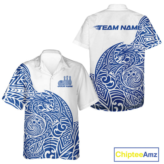 Custom Blue And White Tribal Dragon Men And Women Bowling Hawaiian Shirt, Polynesian Bowling Shirt IPHW10342