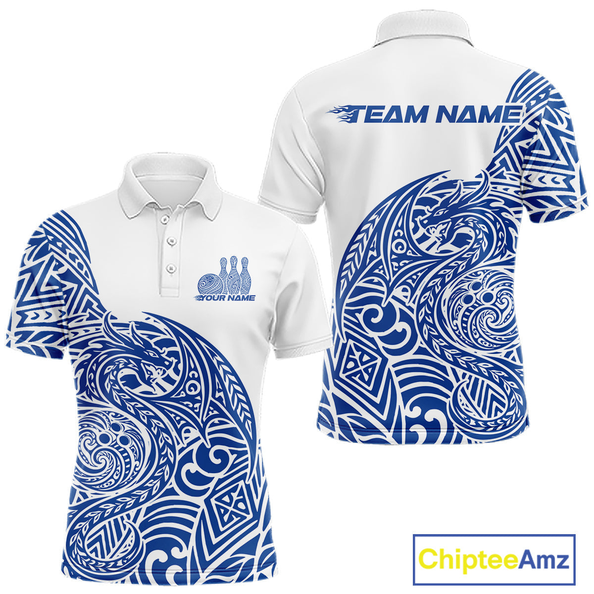 Custom Blue And White Tribal Dragon Men Bowling Polo Shirt, Polynesian Bowling Shirt IPHW10342