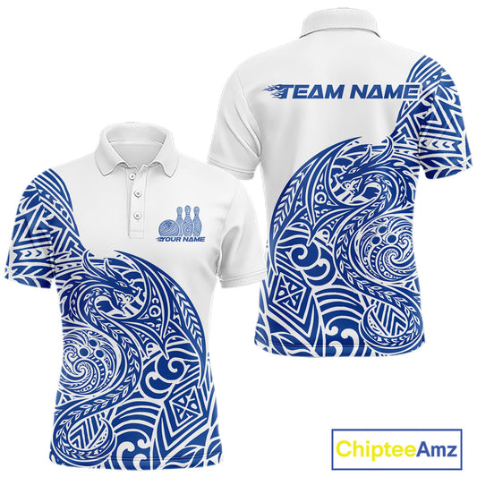 Custom Blue And White Tribal Dragon Men Bowling Polo Shirt, Polynesian Bowling Shirt IPHW10342