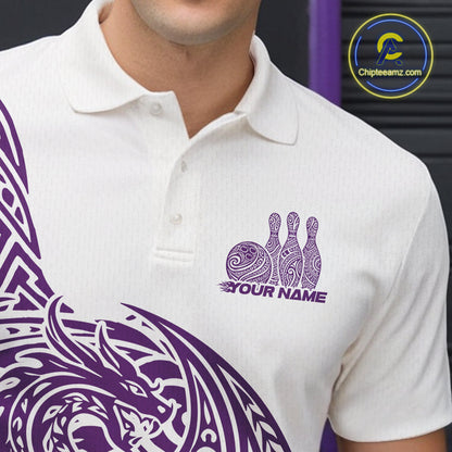 Custom Purple And White Tribal Dragon Men Bowling Polo Shirt, Polynesian Bowling Shirt IPHW10343