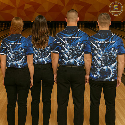 Custom Deep Blue Flame Bowling Ball Lion Bowling Jerseys, Lion Men Polo Bowling Shirt IPHW10349