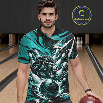 Custom Turquoise Blue Flame Bowling Ball Lion Bowling Jerseys, Lion Men Polo Bowling Shirt IPHW10350