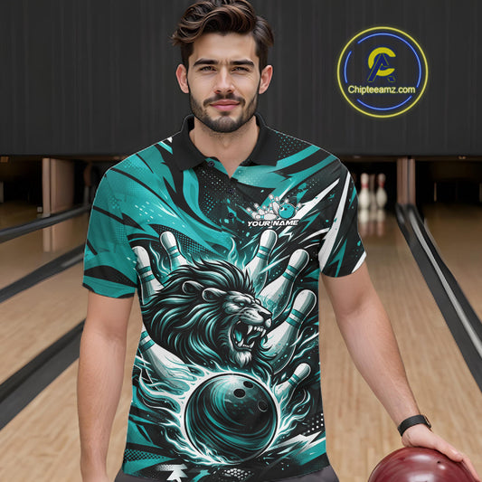Custom Turquoise Blue Flame Bowling Ball Lion Bowling Jerseys, Lion Men Polo Bowling Shirt IPHW10350