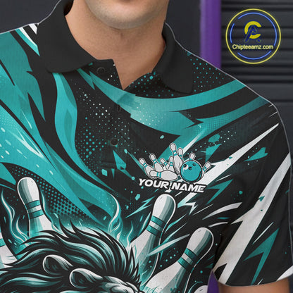 Custom Turquoise Blue Flame Bowling Ball Lion Bowling Jerseys, Lion Men Polo Bowling Shirt IPHW10350