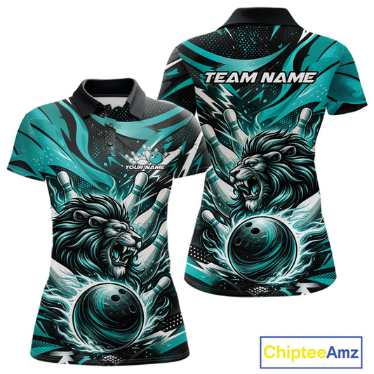 Custom Turquoise Blue Flame Bowling Ball Lion Bowling Jerseys, Lion Women Polo Bowling Shirt IPHW10350