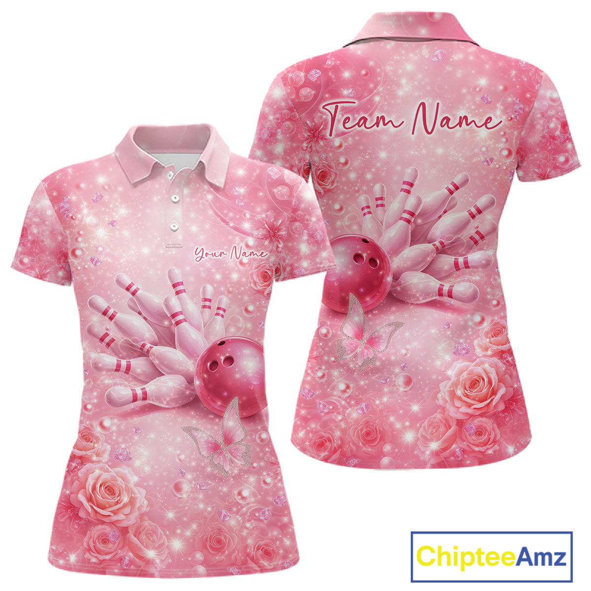 Front and back view of a women’s polo shirt featuring flaming bowling ball crashing into pins yellow fire theme artwork
