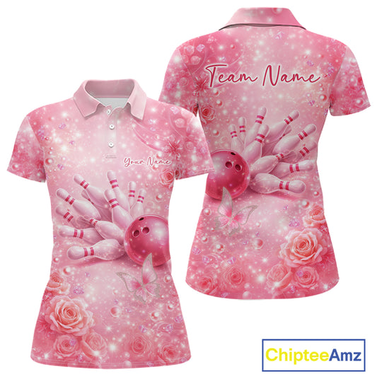 Front and back view of a women’s polo shirt featuring flaming bowling ball crashing into pins yellow fire theme artwork
