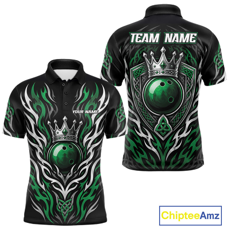Custom Black And Green Irish Tribal Pattern Bowling Ball With Crown Men Polo Shirt IPHW11692