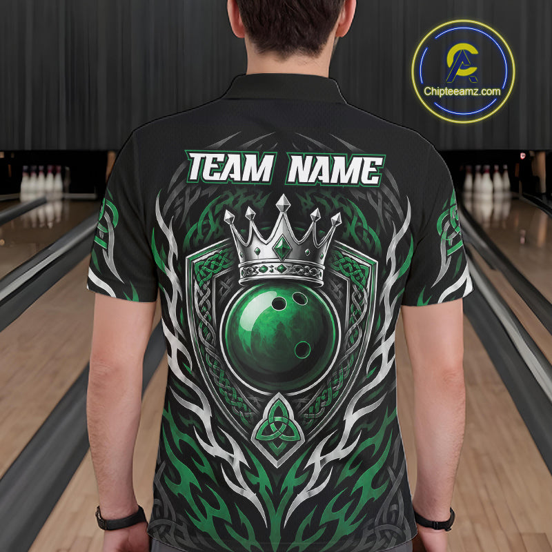 Custom Black And Green Irish Tribal Pattern Bowling Ball With Crown Men Polo Shirt IPHW11692
