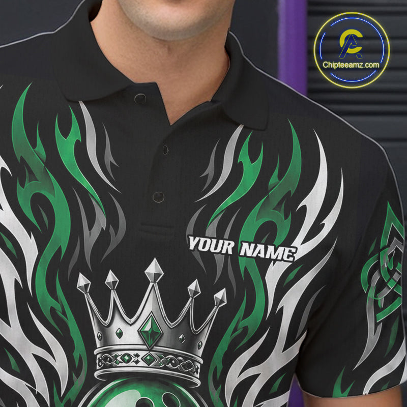 Custom Black And Green Irish Tribal Pattern Bowling Ball With Crown Men Polo Shirt IPHW11692