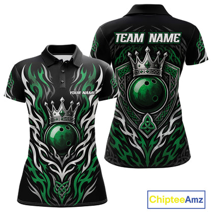 Custom Black And Green Irish Tribal Pattern Bowling Ball With Crown Women Polo Shirt IPHW11692