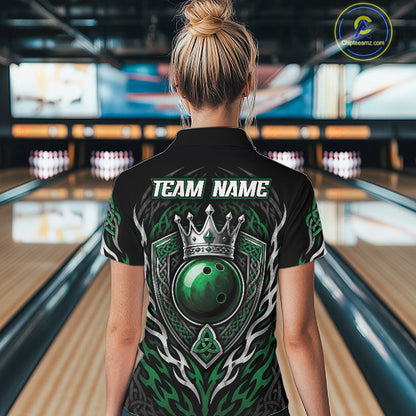Custom Black And Green Irish Tribal Pattern Bowling Ball With Crown Women Polo Shirt IPHW11692