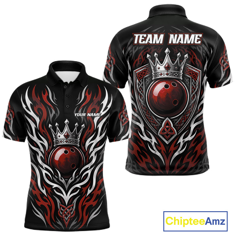 Custom Black And Red Irish Tribal Pattern Bowling Ball With Crown Men Polo Shirt IPHW11693