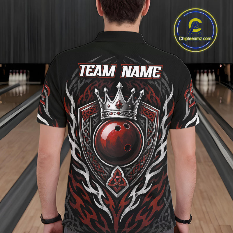 Custom Black And Red Irish Tribal Pattern Bowling Ball With Crown Men Polo Shirt IPHW11693