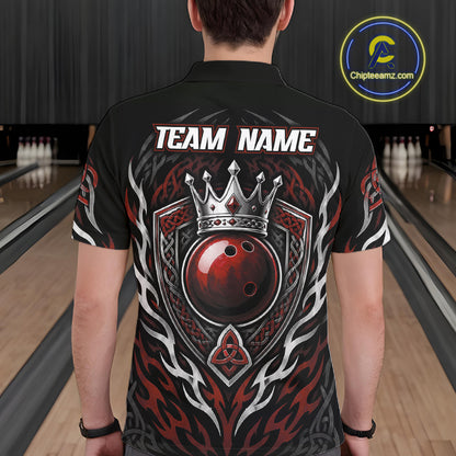 Custom Black And Red Irish Tribal Pattern Bowling Ball With Crown Men Polo Shirt IPHW11693