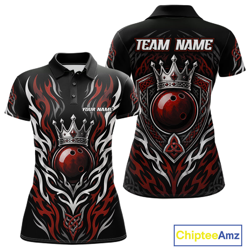 Custom Black And Red Irish Tribal Pattern Bowling Ball With Crown Women Polo Shirt IPHW11693