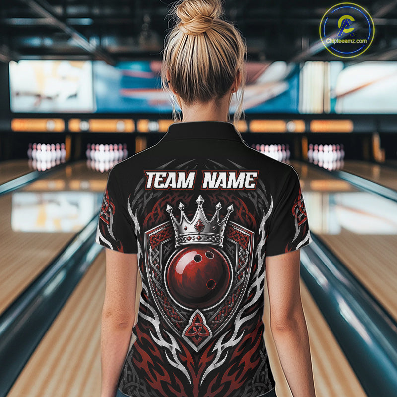 Custom Black And Red Irish Tribal Pattern Bowling Ball With Crown Women Polo Shirt IPHW11693