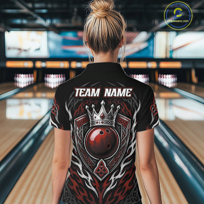 Custom Black And Red Irish Tribal Pattern Bowling Ball With Crown Women Polo Shirt IPHW11693