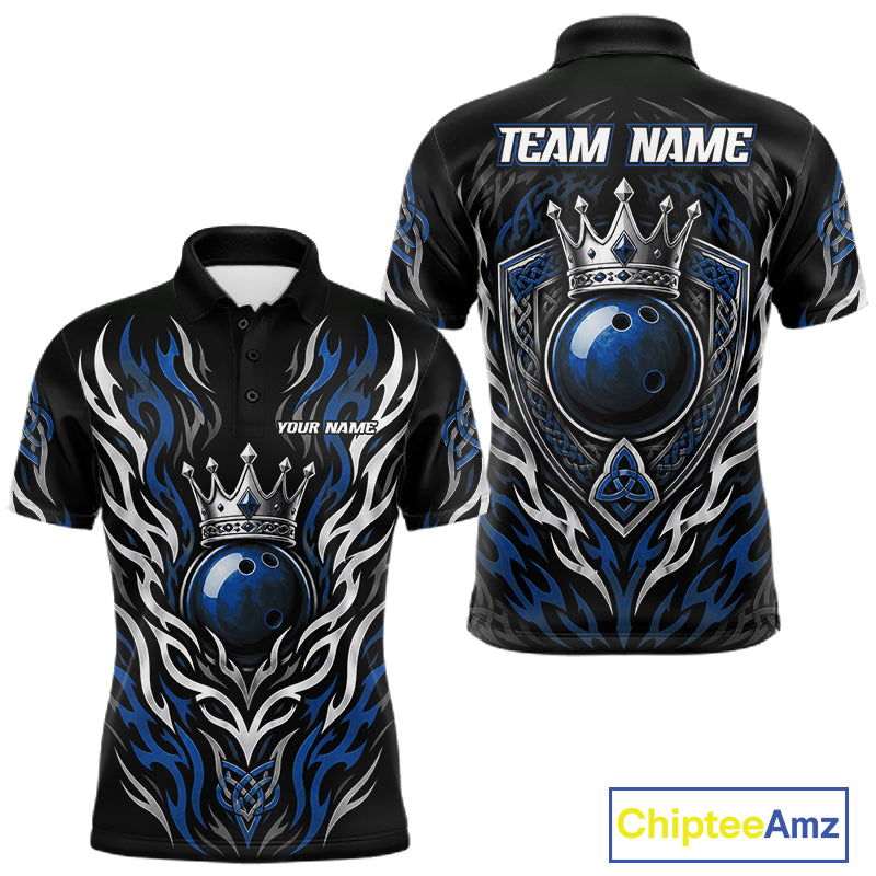 Custom Black And Blue Irish Tribal Pattern Bowling Ball With Crown Men Polo Shirt IPHW11694