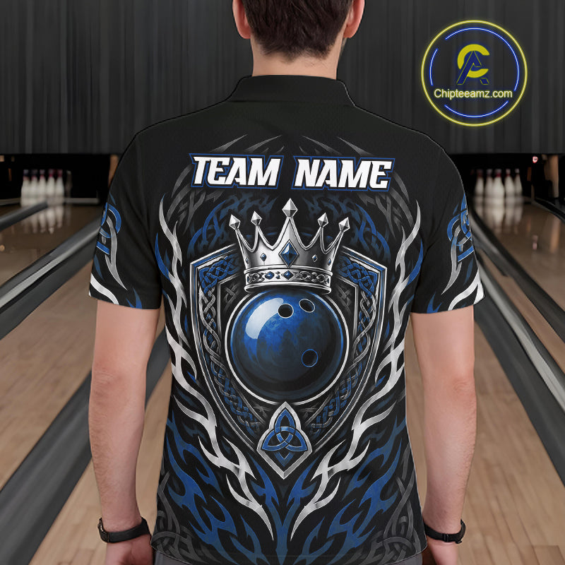 Custom Black And Blue Irish Tribal Pattern Bowling Ball With Crown Men Polo Shirt IPHW11694