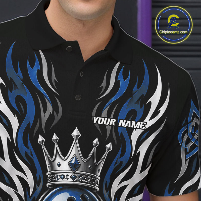 Custom Black And Blue Irish Tribal Pattern Bowling Ball With Crown Men Polo Shirt IPHW11694