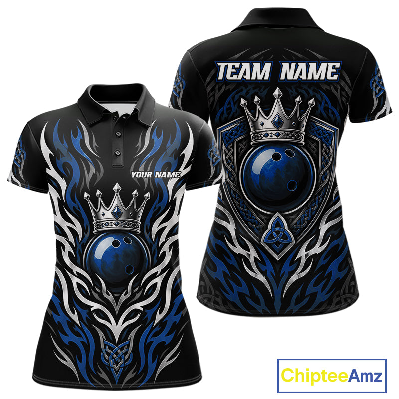Custom Black And Blue Irish Tribal Pattern Bowling Ball With Crown Women Polo Shirt IPHW11694