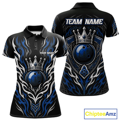 Custom Black And Blue Irish Tribal Pattern Bowling Ball With Crown Women Polo Shirt IPHW11694