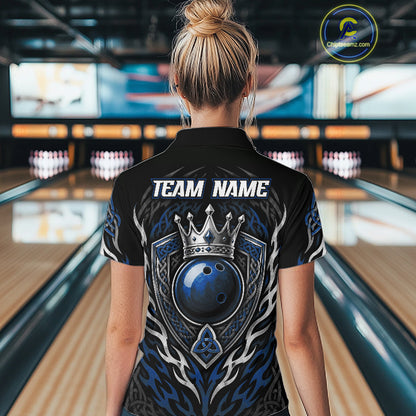 Custom Black And Blue Irish Tribal Pattern Bowling Ball With Crown Women Polo Shirt IPHW11694