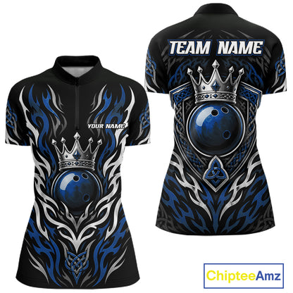 Custom Blue Irish Tribal Pattern Bowling Ball With Crown Women Quarter-Zip Shirt IPHW11694
