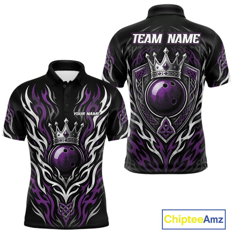 Custom Black And Purple Irish Tribal Pattern Bowling Ball With Crown Men Polo Shirt IPHW11695