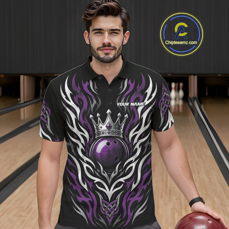 Custom Black And Purple Irish Tribal Pattern Bowling Ball With Crown Men Polo Shirt IPHW11695
