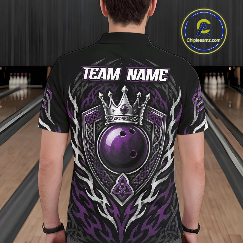 Custom Black And Purple Irish Tribal Pattern Bowling Ball With Crown Men Polo Shirt IPHW11695