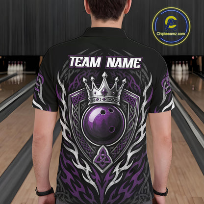 Custom Black And Purple Irish Tribal Pattern Bowling Ball With Crown Men Polo Shirt IPHW11695