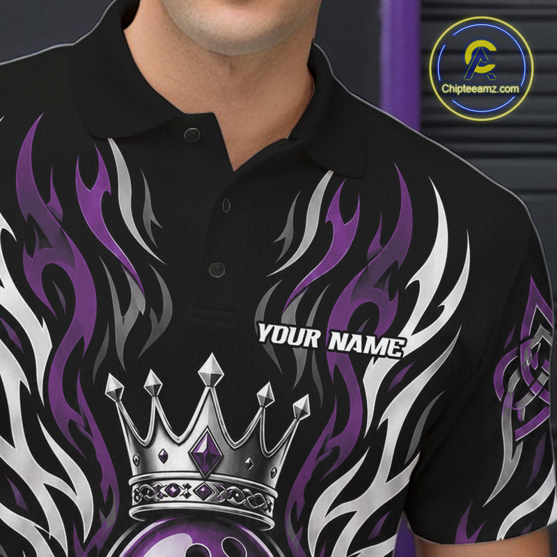 Custom Black And Purple Irish Tribal Pattern Bowling Ball With Crown Men Polo Shirt IPHW11695