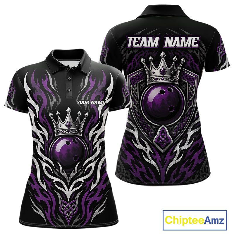 Custom Black And Purple Irish Tribal Pattern Bowling Ball With Crown Women Polo Shirt IPHW11695