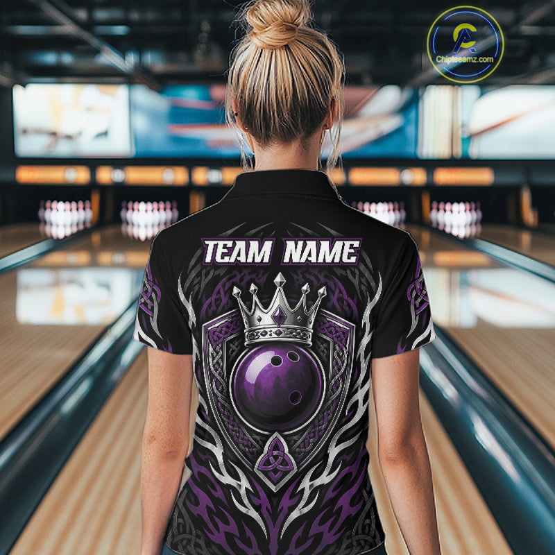 Custom Black And Purple Irish Tribal Pattern Bowling Ball With Crown Women Polo Shirt IPHW11695