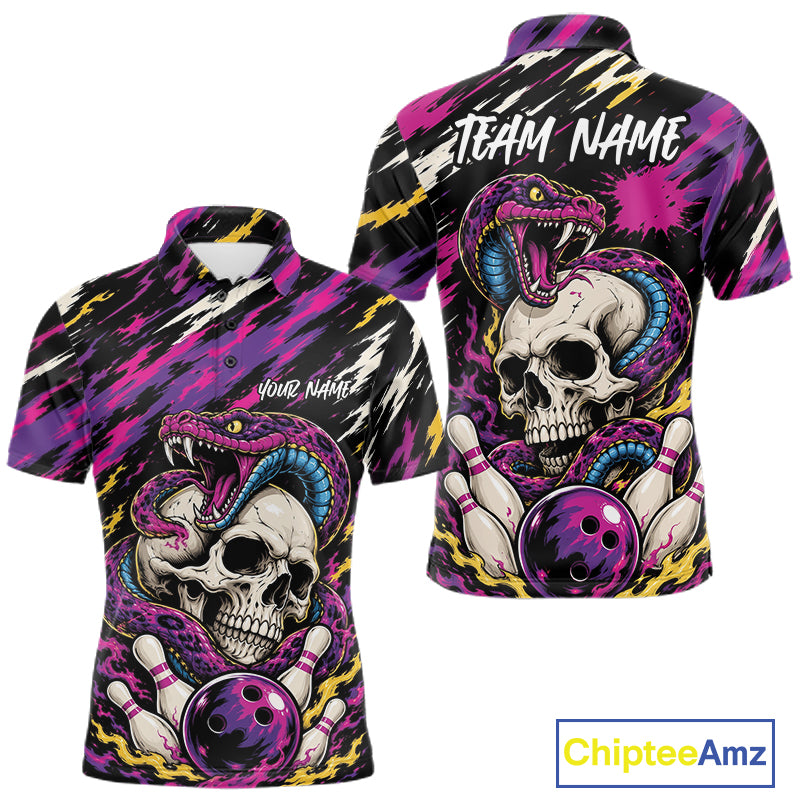 Custom Colorful Purple Snake And Skull Bowling Men Polo Shirt, Halloween Bowling Outfit IPHW11710