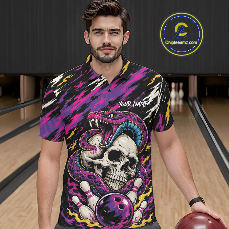 Custom Colorful Purple Snake And Skull Bowling Men Polo Shirt, Halloween Bowling Outfit IPHW11710