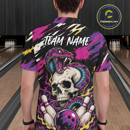 Custom Colorful Purple Snake And Skull Bowling Men Polo Shirt, Halloween Bowling Outfit IPHW11710