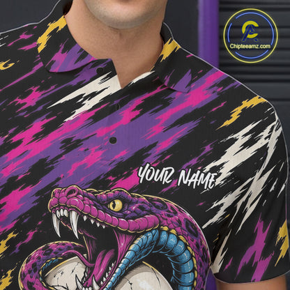 Custom Colorful Purple Snake And Skull Bowling Men Polo Shirt, Halloween Bowling Outfit IPHW11710