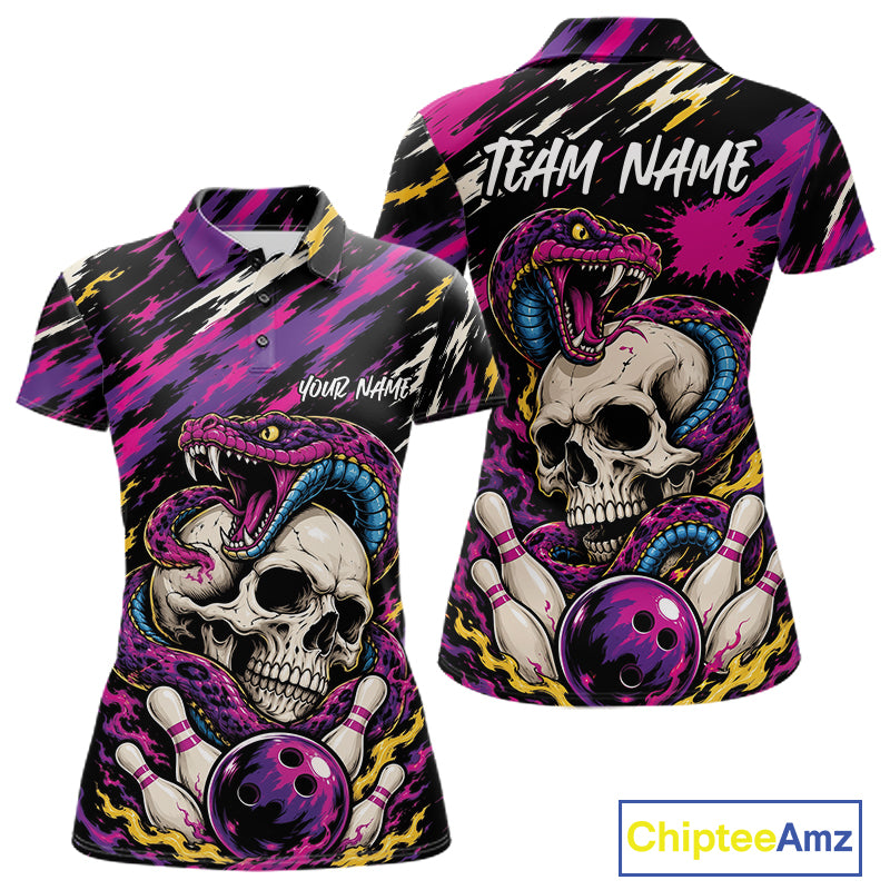 Custom Colorful Purple Snake And Skull Bowling Women Polo Shirt, Halloween Bowling Outfit IPHW11710