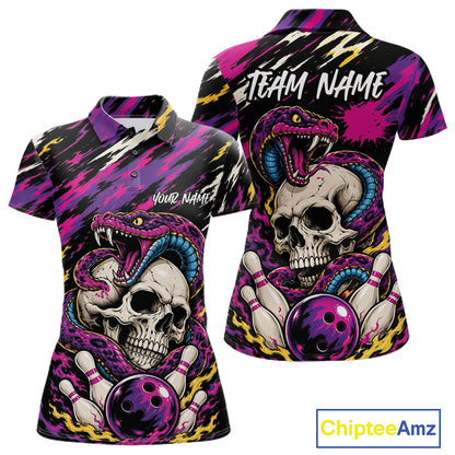 Custom Colorful Purple Snake And Skull Bowling Women Polo Shirt, Halloween Bowling Outfit IPHW11710